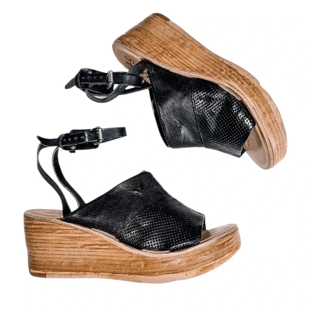 Free People A.S.98 Niall Leather Wedge Platform Ankle Strap Sandals Size 7.5 - 8